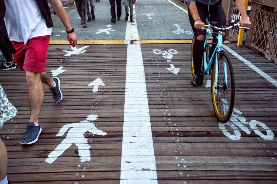 Close-up on wooden section of bike and pedestrian path marked with ped symbols on one side and bike symbols on the other.